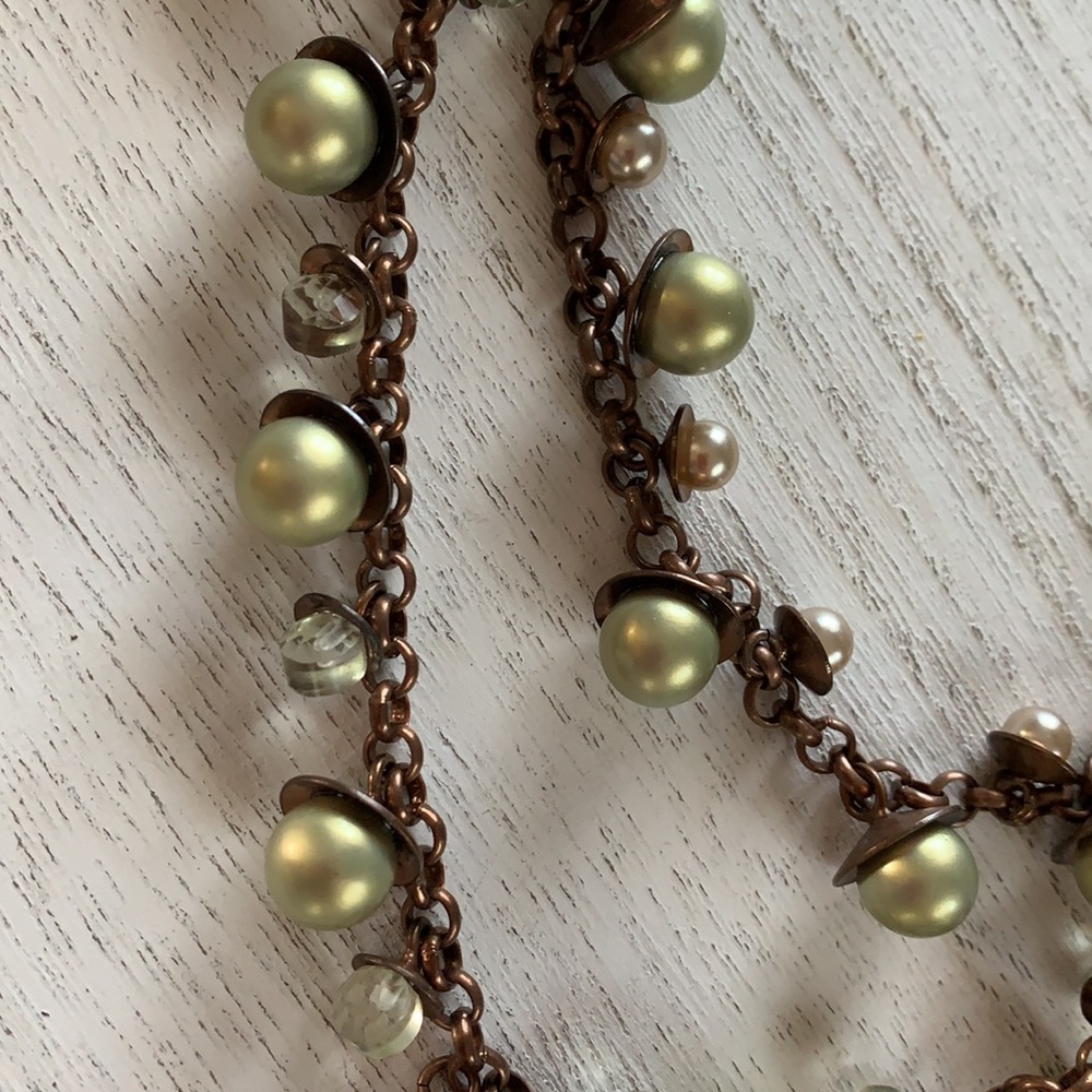 Necklace & Earring Set - bronze with green pearlized beads